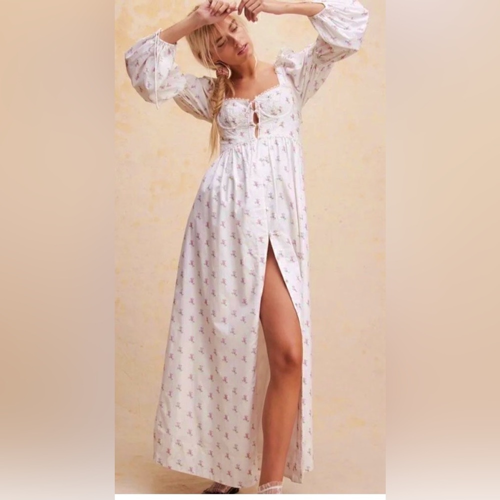 For Love & Lemons Carlotta Maxi Dress Low Cut Cotton Floral in Pink White Size S